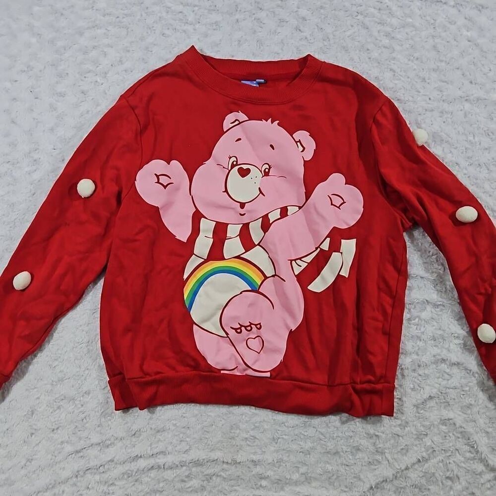 Care Bears Red Sweatshirt Womens XL Harmony Let's Get Cozy Rainbow pom poms